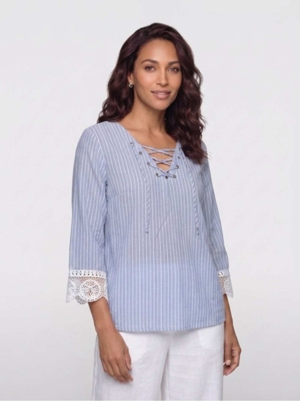 a.n.a Light Blue Striped Lace‑Trim Lace‑Up Women's Blouse this is a cutie.